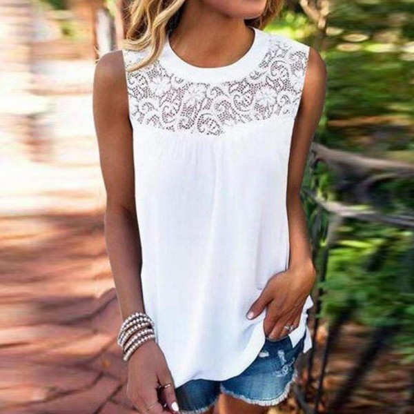 Chic Lace Trim Round Neck Sleeveless Top