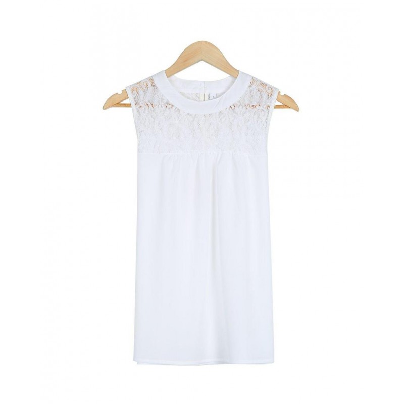 Chic Lace Trim Round Neck Sleeveless Top