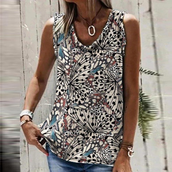 Retro V-Neck Print Sleeveless Top