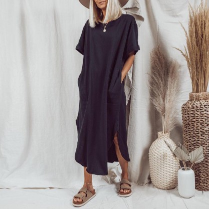 Trendy Knee-High Side Slit Short Sleeve Midi Dress