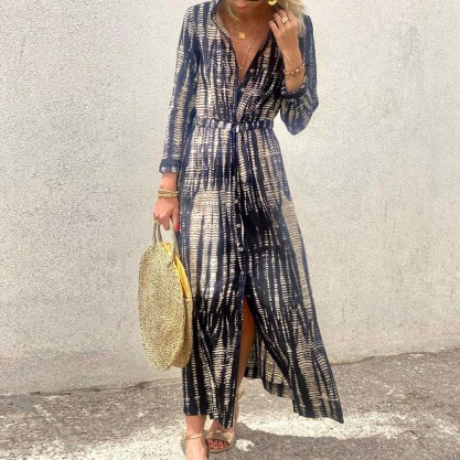 Unique Print Long Sleeve Maxi Dress