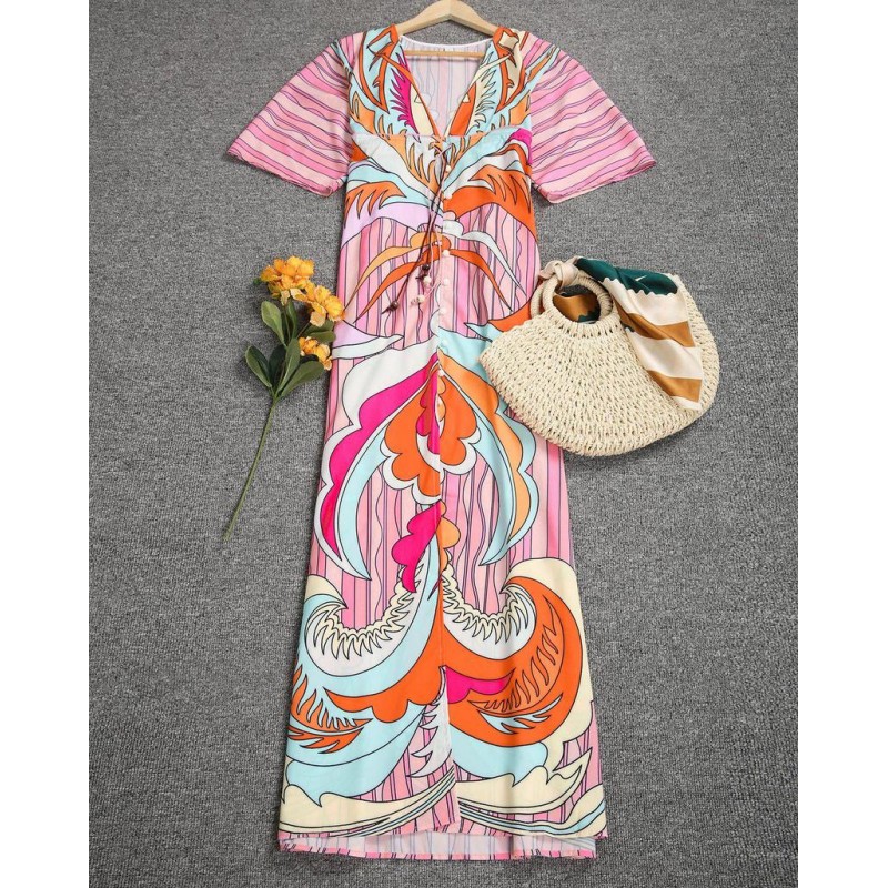 Attractive Print 3/4 Sleeve Maxi Dress