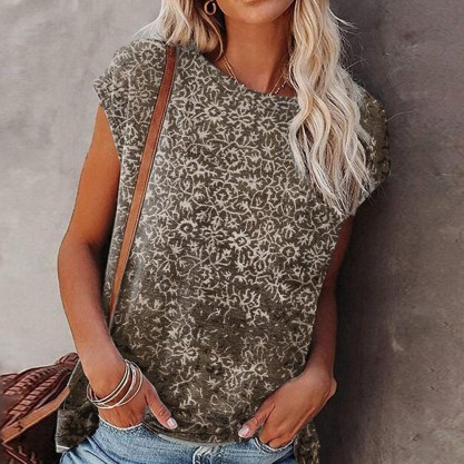 Chic Printed Round Neck Cap Sleeve Top