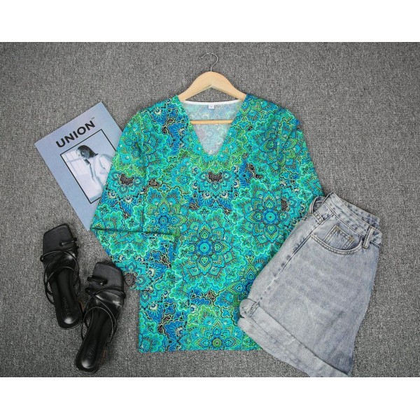 Retro V-Neck Print Long Sleeve Top