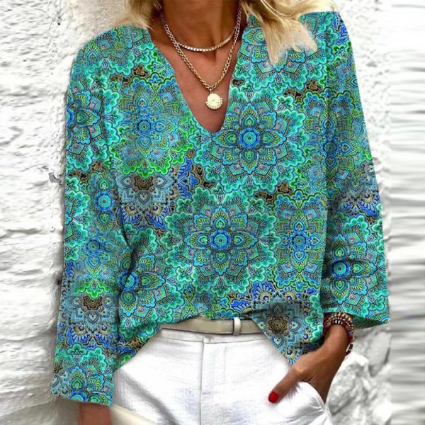 Retro V-Neck Print Long Sleeve Top