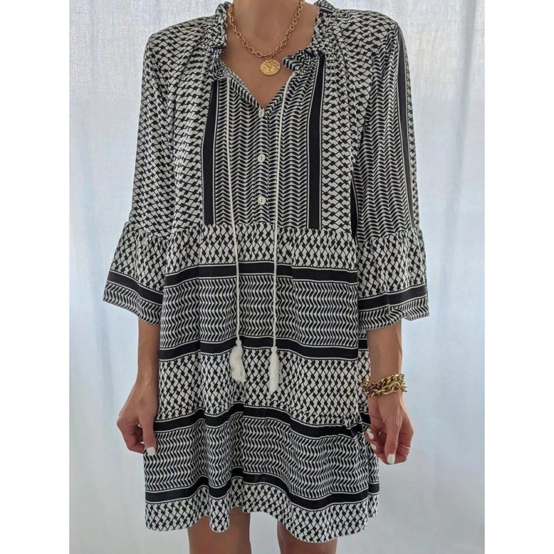 Casual Print 3/4 Sleeve Mini Dress