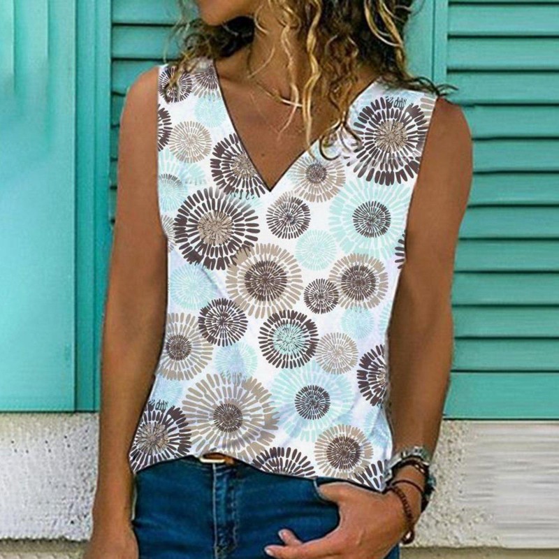 Casual V-Neck Print Sleeveless Top