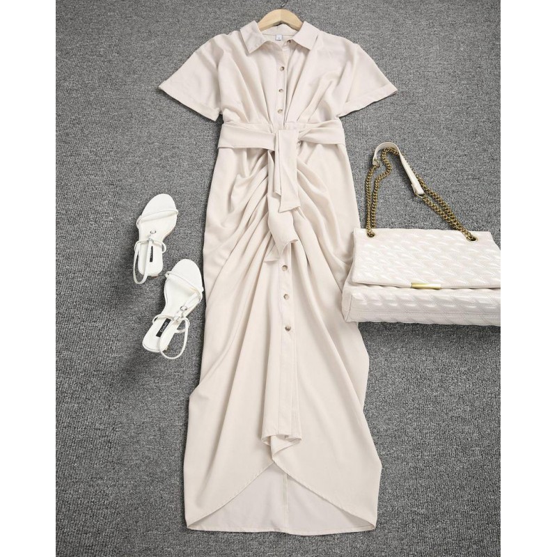 Vintage Plain Short Sleeve Midi Dress With Belt