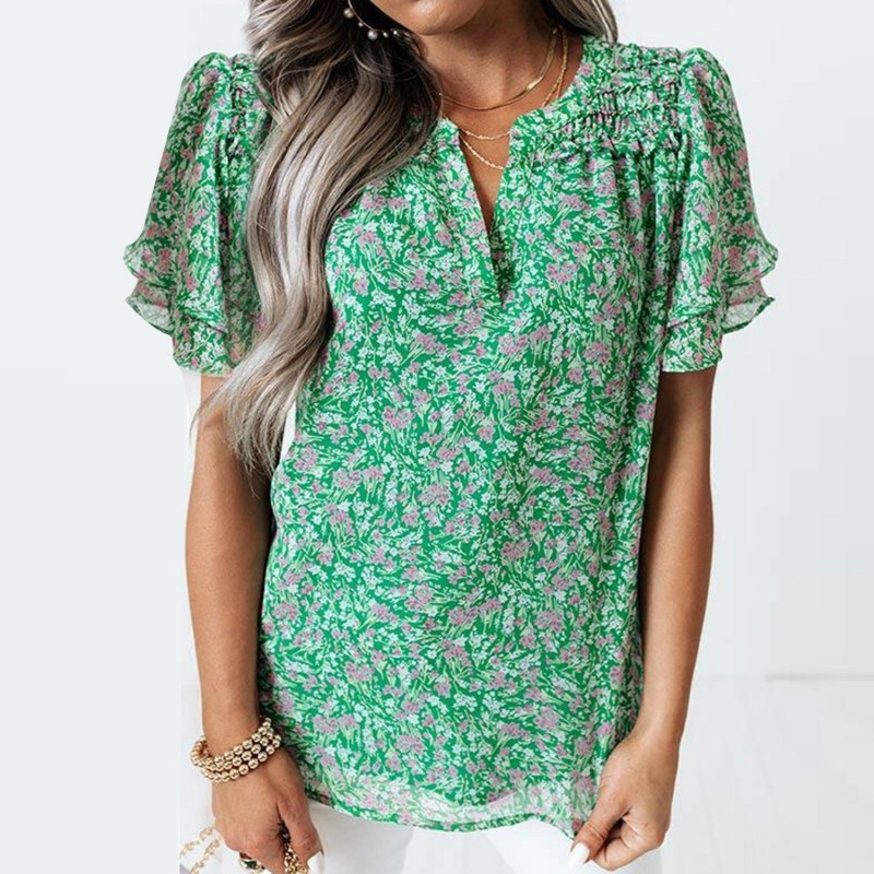 Romantic Ditsy Floral Print Short Sleeve Top