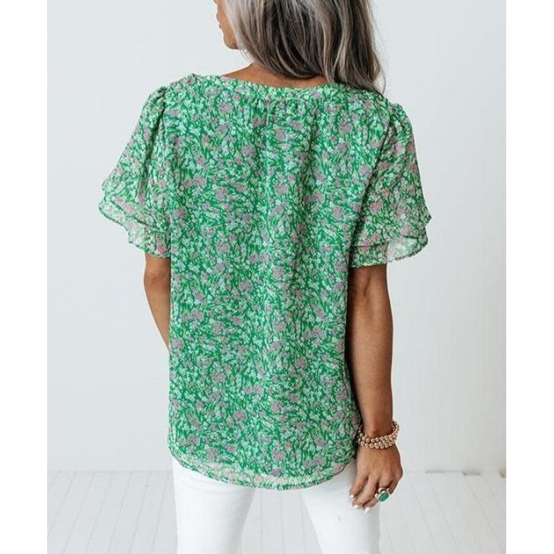 Romantic Ditsy Floral Print Short Sleeve Top