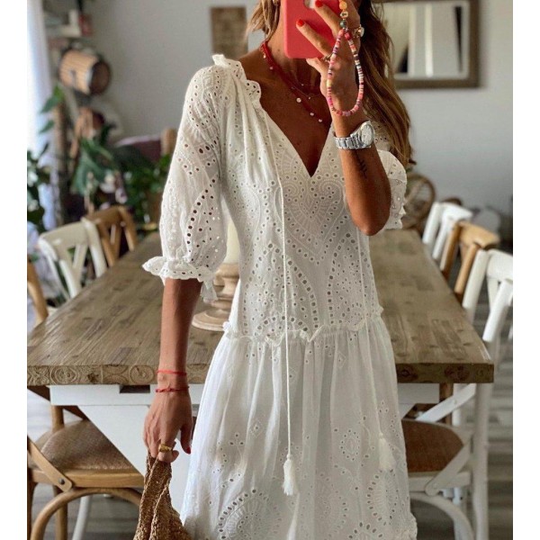 Romantic White Half Sleeve Maxi Dress