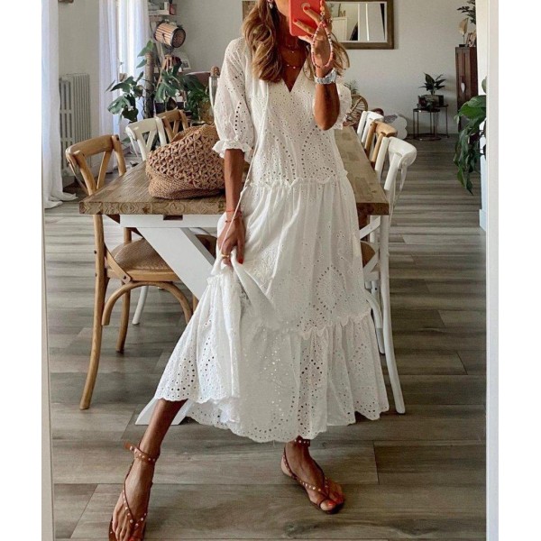 Romantic White Half Sleeve Maxi Dress