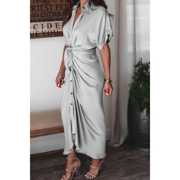 Vintage Plain Short Sleeve Midi Dress With Belt