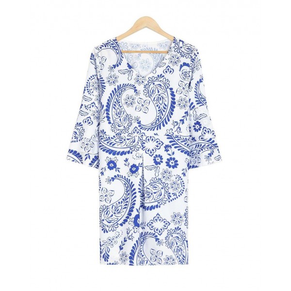 Fresh Print V-Neck 3/4 Sleeve Mini Dress