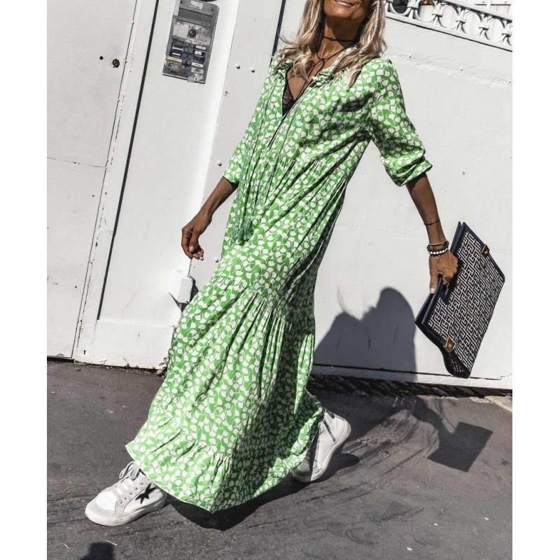 Fresh Print Long Sleeve Maxi Dress