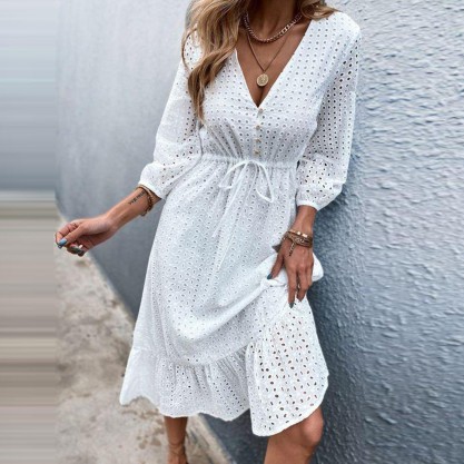 Fresh White 3/4 Sleeve Midi Dress