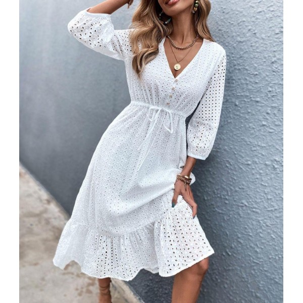 Fresh White 3/4 Sleeve Midi Dress