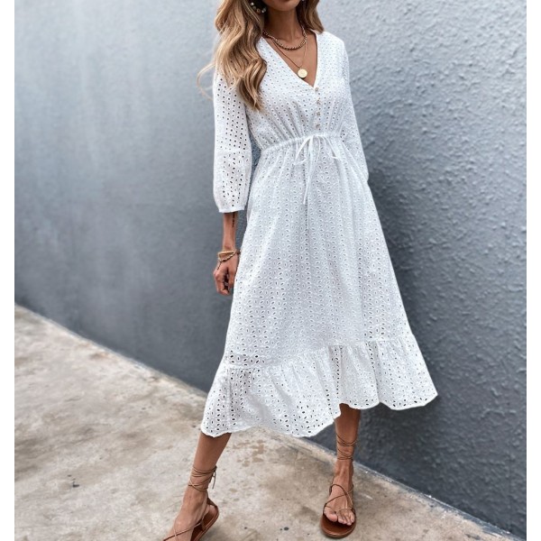 Fresh White 3/4 Sleeve Midi Dress