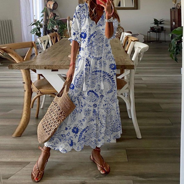 Romantic Blue Print Short Sleeve Maxi Dress