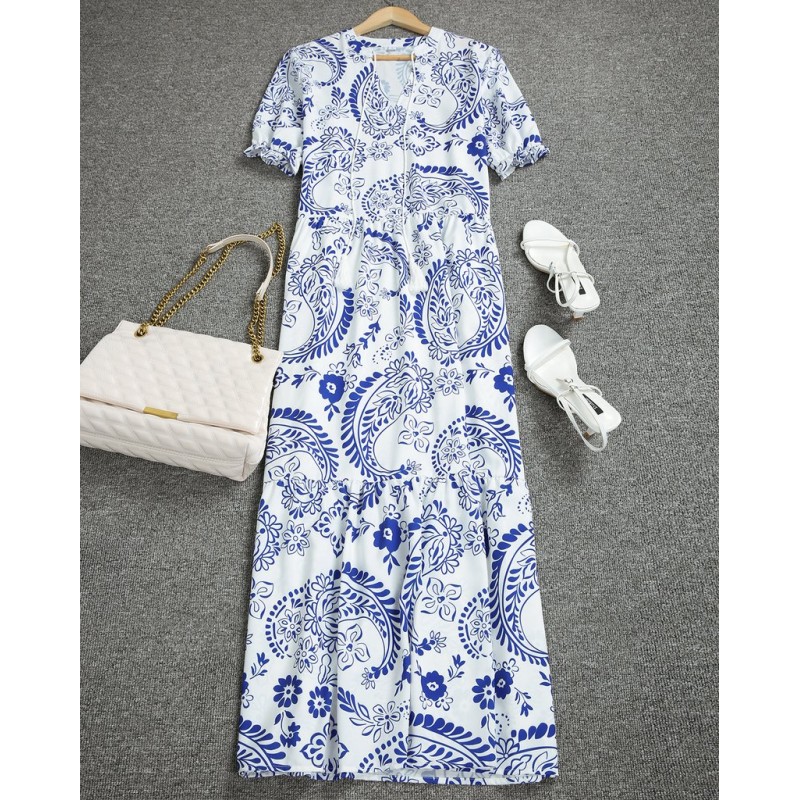 Romantic Blue Print Short Sleeve Maxi Dress