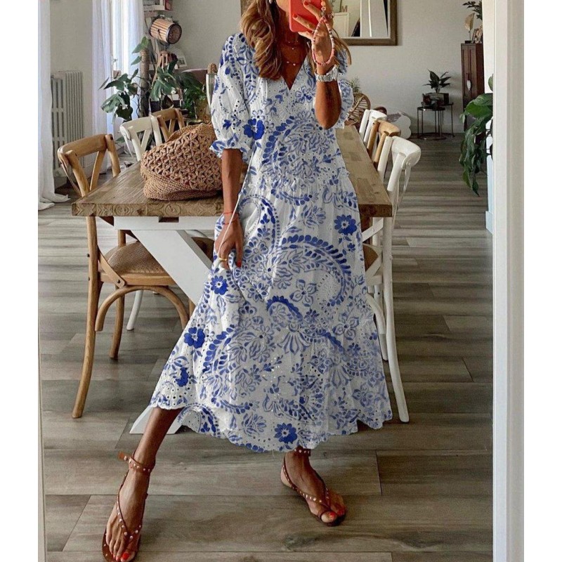 Romantic Blue Print Short Sleeve Maxi Dress