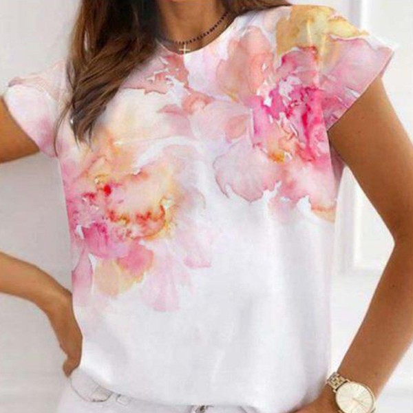 Romantic Print Round Neck Short Sleeve Top