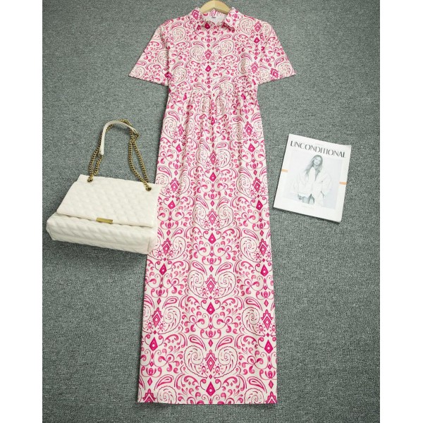 Sweet Pink Print Short Sleeve Maxi Dress