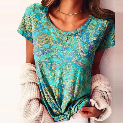 Classy Print Round Neck Short Sleeve Top