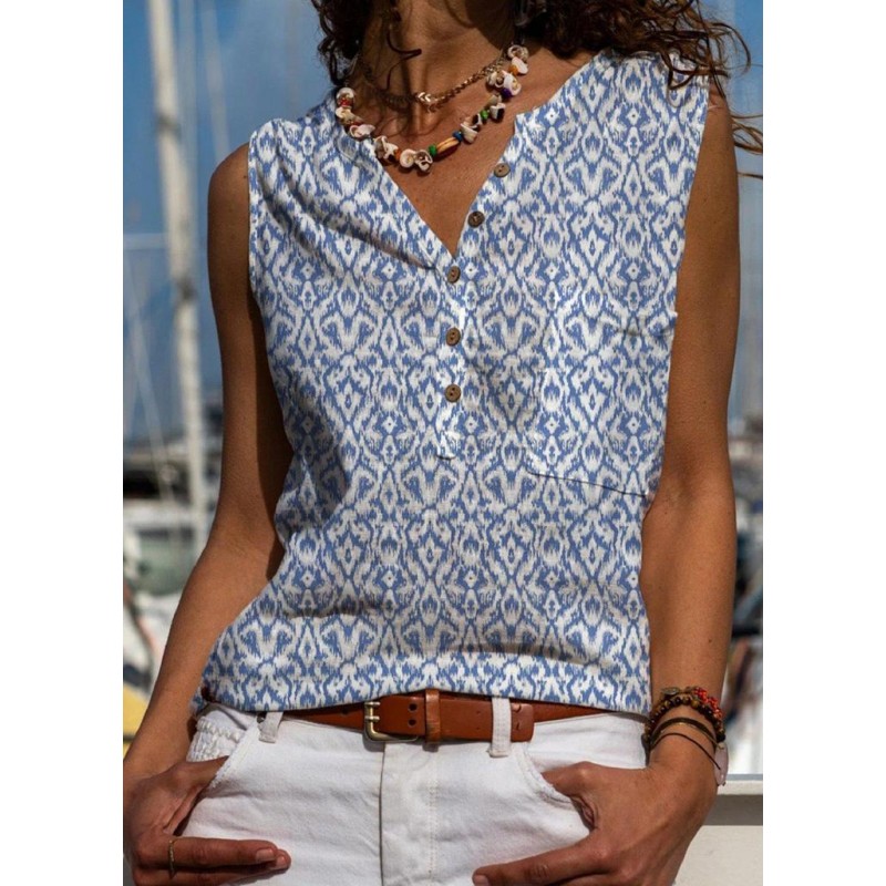 Casual V-Neck Print Sleeveless Top