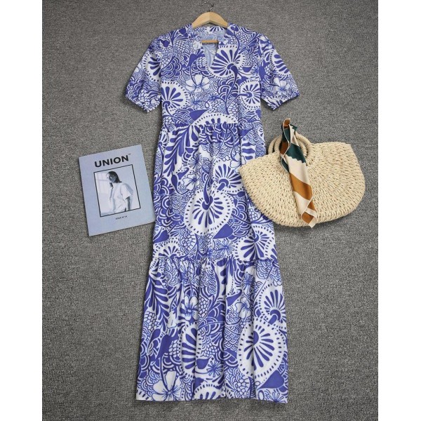 Elegant Print Short Sleeve Midi Dress