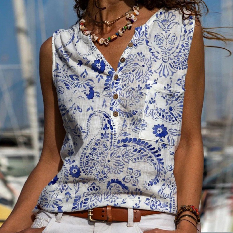 Elegant V-Neck Print Sleeveless Top