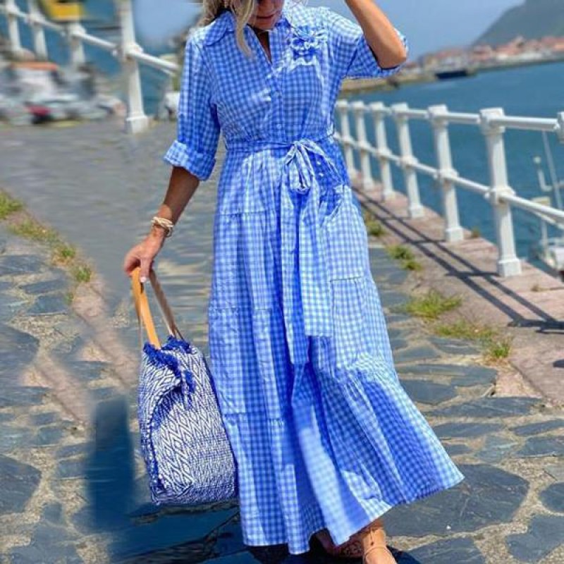 Classy Plaid Print Long Sleeve Maxi Dress With Belt