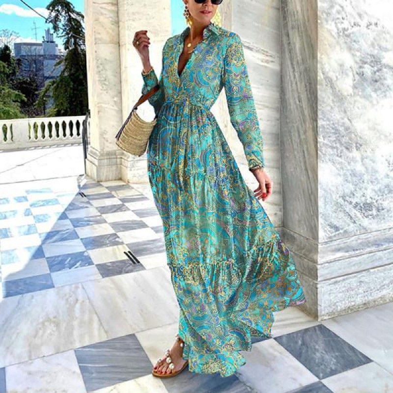 Retro Print Long Sleeve Maxi Dress With Belt