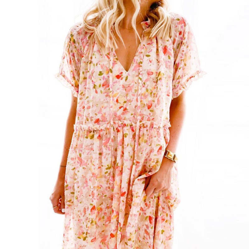 Stylish Print V-Neck 3/4 Sleeve Maxi Dress