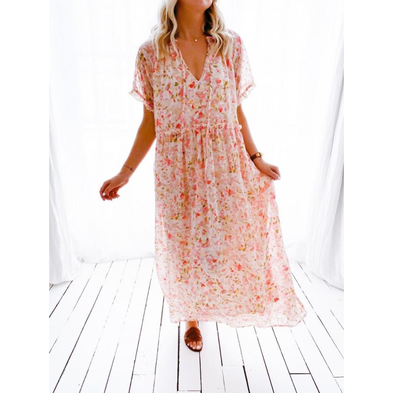 Stylish Print V-Neck 3/4 Sleeve Maxi Dress