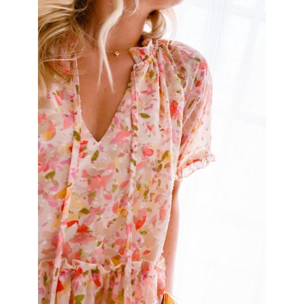 Stylish Print V-Neck 3/4 Sleeve Maxi Dress