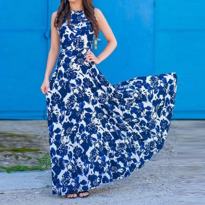 Fresh Print Round Neck Sleeveless Maxi Dress