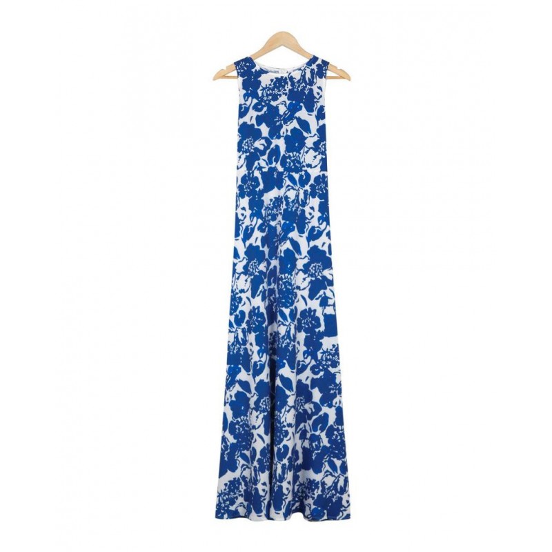 Fresh Print Round Neck Sleeveless Maxi Dress