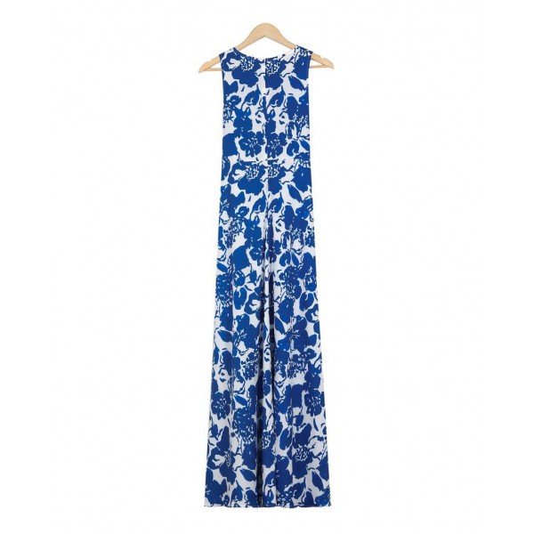 Fresh Print Round Neck Sleeveless Maxi Dress