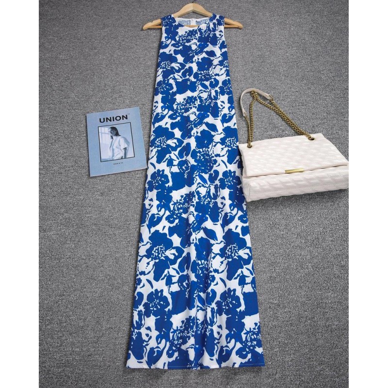 Fresh Print Round Neck Sleeveless Maxi Dress