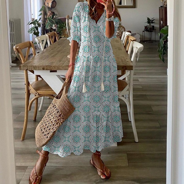 Fresh Print V-Neck Short Sleeve Maxi Dress