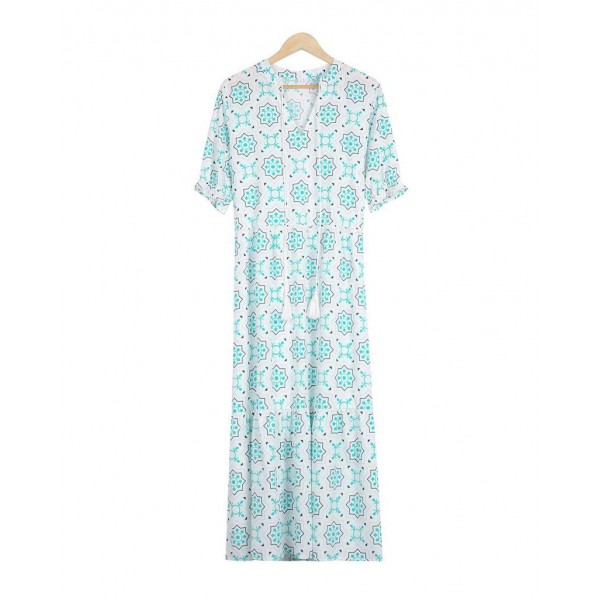 Fresh Print V-Neck Short Sleeve Maxi Dress