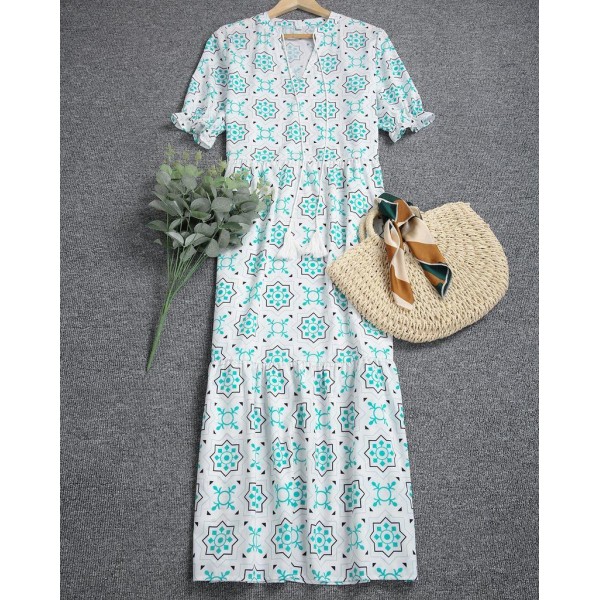 Fresh Print V-Neck Short Sleeve Maxi Dress