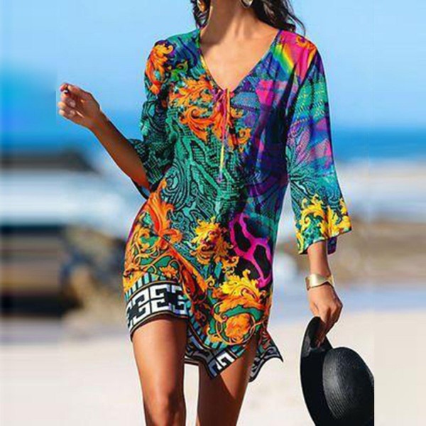 Groovy Print 3/4 Sleeve Mini Dress