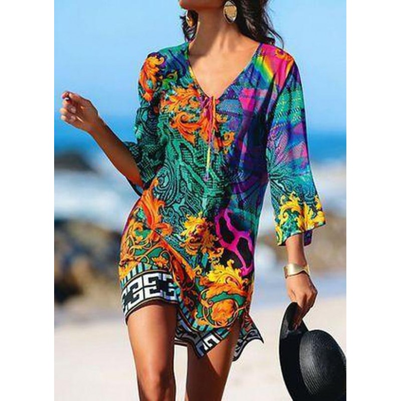 Groovy Print 3/4 Sleeve Mini Dress