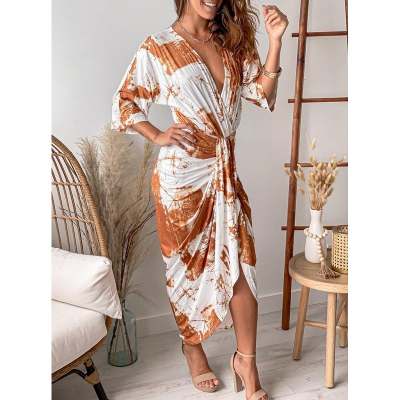 Temperament Print 3/4 Sleeve Maxi Dress