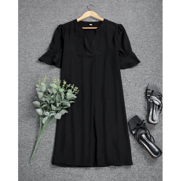 Basic Black V-Neck Short Sleeve Mini Dress