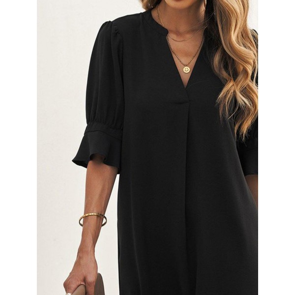 Basic Black V-Neck Short Sleeve Mini Dress