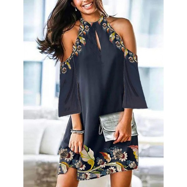 Attractive Print Round Neck Short Sleeve Mini Dress