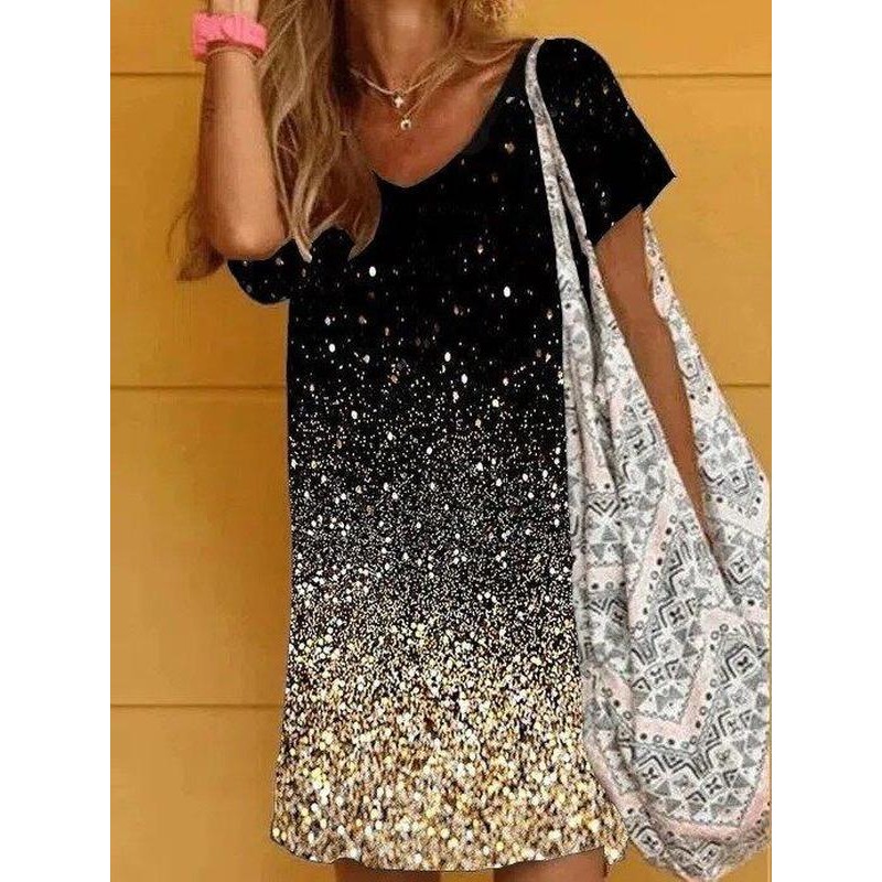 Casual V-Neck Short Sleeve Print Mini Dress